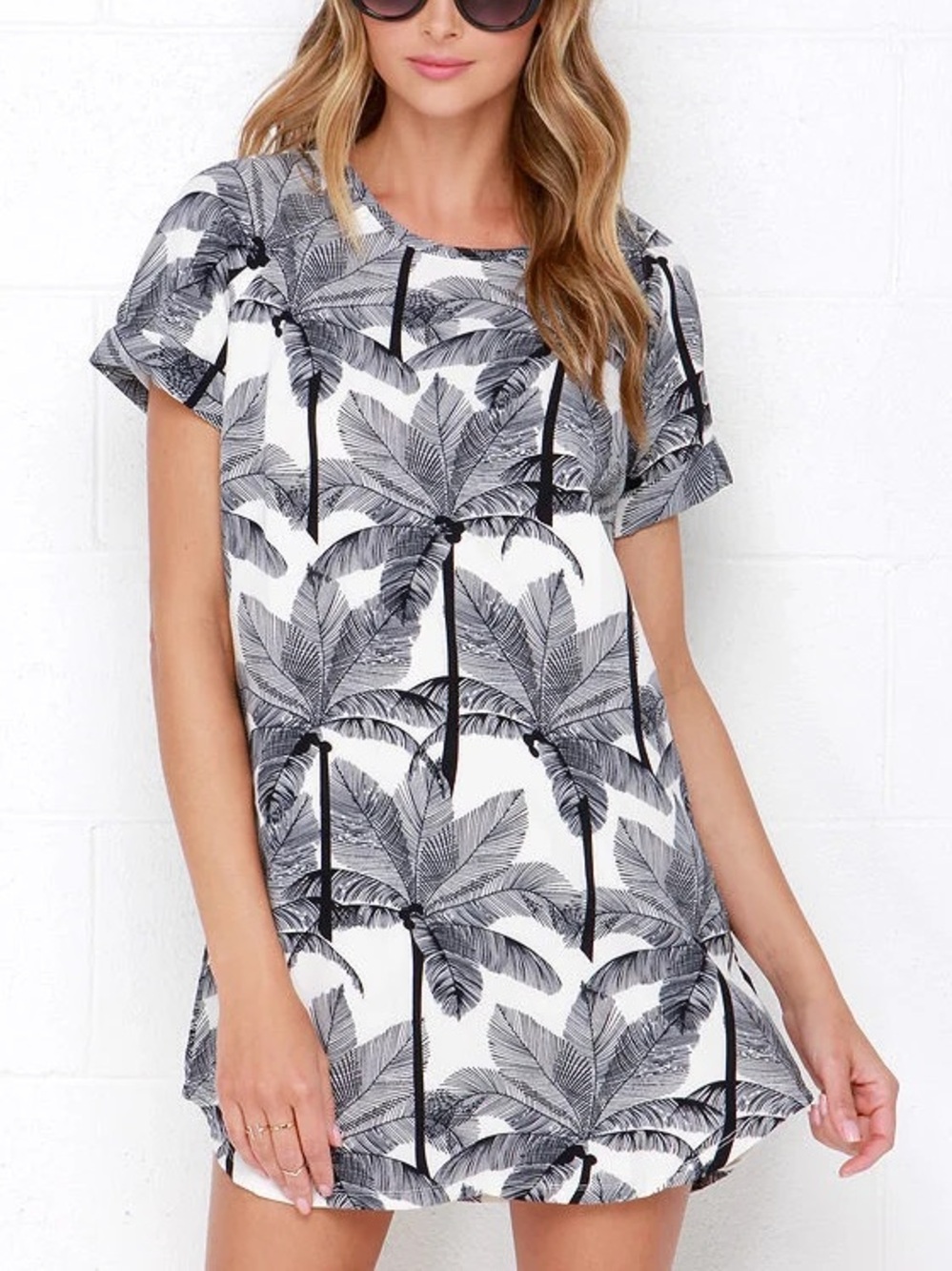 LULUS Short-Sleeve Shift Dress Palm Tree Print Size Small